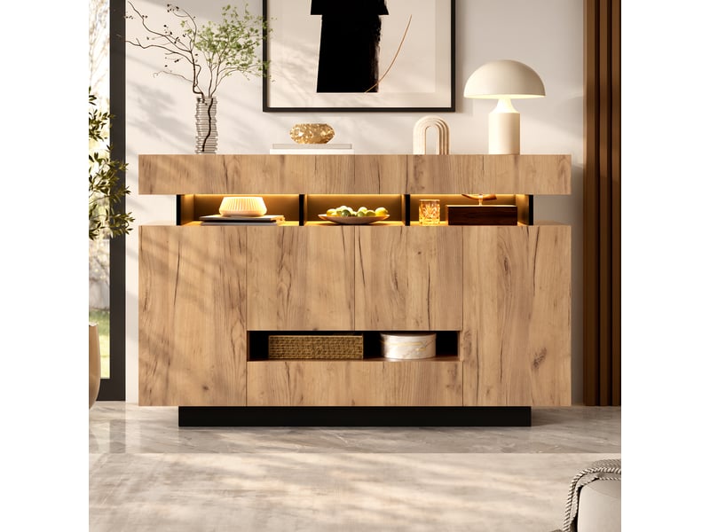  Buffet bas avec éclairage led 140x35x90 cm, 4 portes, 3 tiroirs, niches ouvertes et rangement spacieux - naturelnoir  - Conforama B