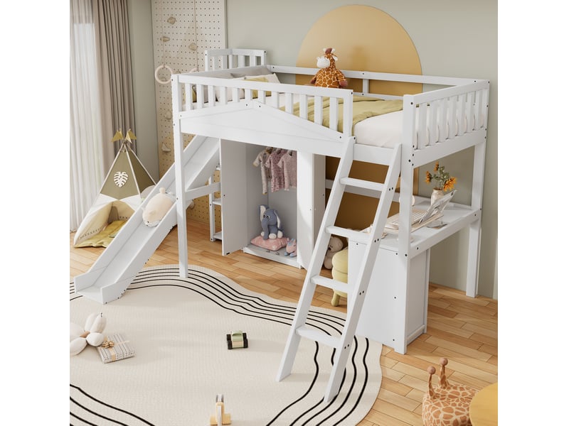  Modenvie lit mezzanine enfant 90x200 cm - avec toboggan, bureau et armoire, sans matelas - blanc  - Conforama D