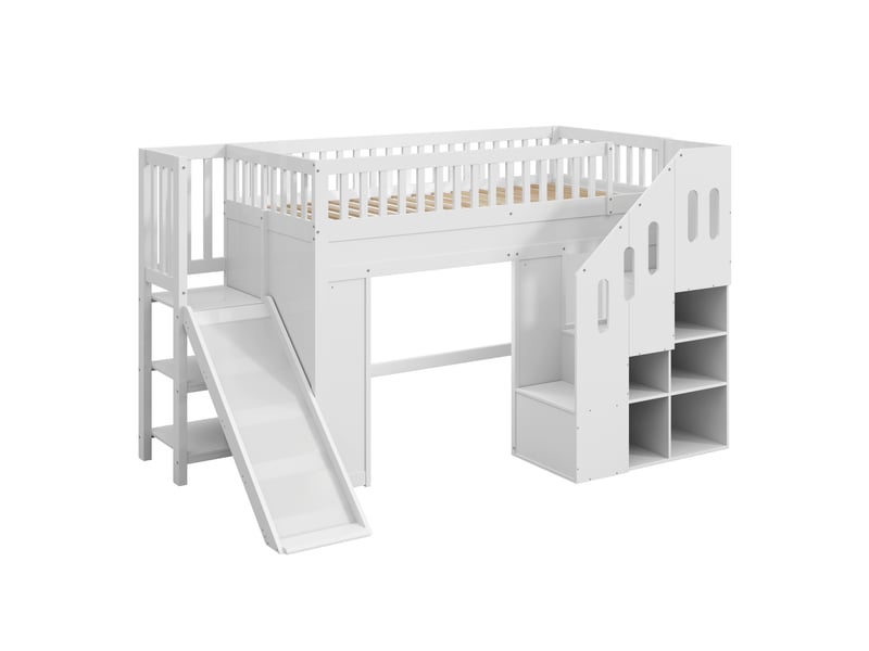  Lit superposé enfant 90x200 cm – blanc – toboggan, escalier de rangement, led mobile – sans matelas  - Conforama D