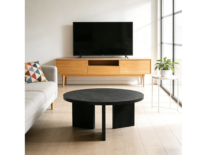  Set de tables basses rondes ulevr, 2 pièces noires en mdf, tables gigognes de salon à structure rainurée, ø 80 et 44,5 cm  - Conforama E