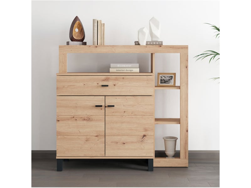  Buffet banos, bahut avec un tiroir, 106x35x101h cm chêne brun noeuds Banos - Conforama B