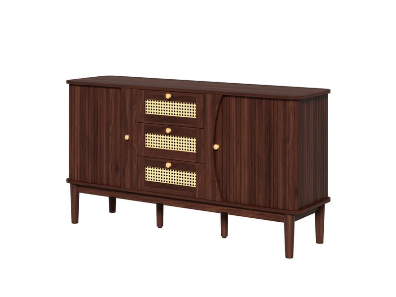 Buffet 2 portes coulissantes et 3 tiroirs 141x40x77 cm finition noyer  - Conforama D
