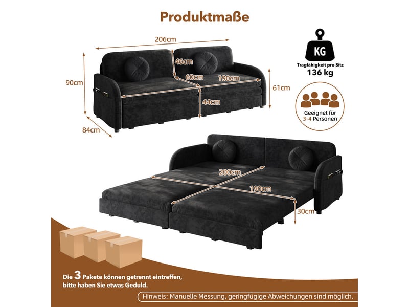 Canapé d'angle convertible ,3 places, avec coussins amples,fonction sommeil,205 x 84x89,noir - Conforama C