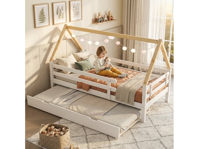  Lit cabane gigogne 90x200 cm avec roulettes bois blanc sans matelas  - Conforama B