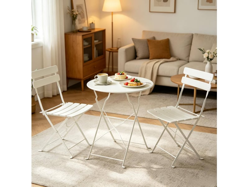  Salon de jardin pliant 2 places ø 58 cm – crème – table ronde avec 2 chaises en métal, sans montage  - Conforama D