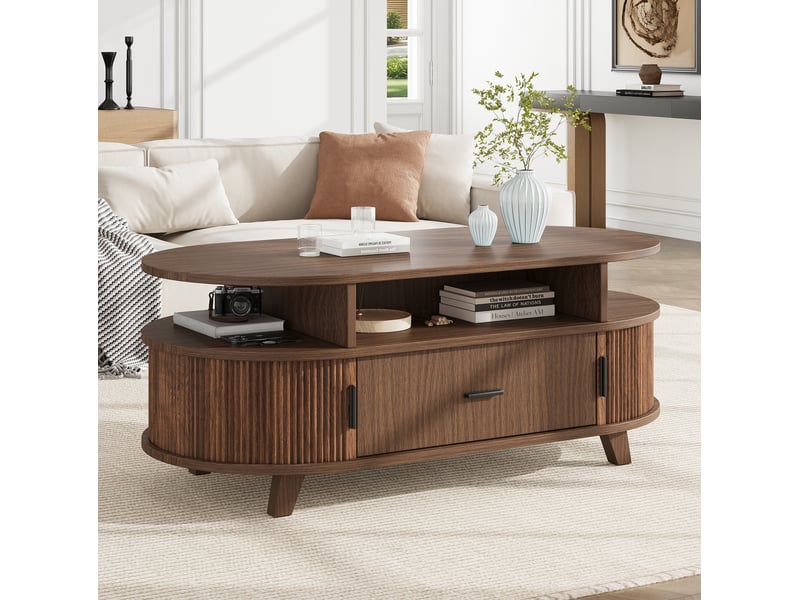  Table basse ovale 100x50x40 cm, 1 tiroir, 2 portes à rideau, rangements, mdf, style nordique noyer  - Conforama B