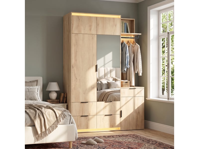  Vestiaire d'entrée avec penderie 135 x 47 x 200 cm - 5 tiroirs - éclairage led - 2 barres de penderie - mdf - anthracite et chêne  - Conforama C