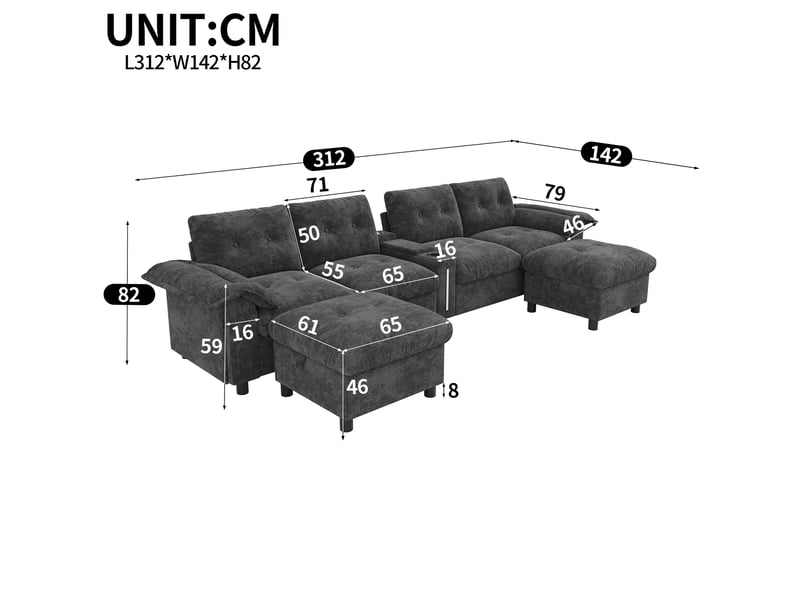  Canapé d'angle modulable - 6 places - forme l - rangements intégrés - éclairage led - usb et type-c - ottomans - pratique - gris CozyNest - Conforama E