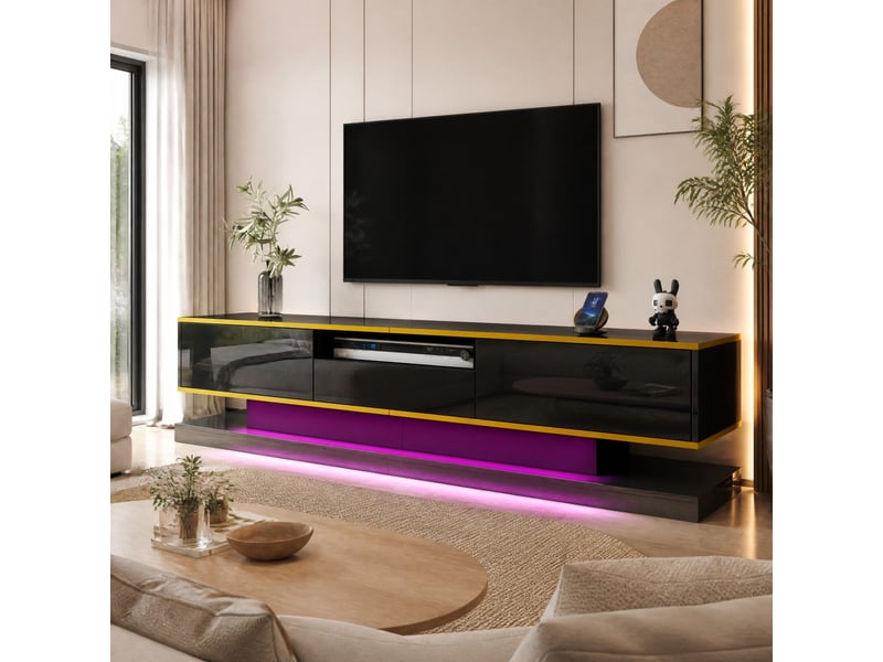  Meuble tv 3 tiroirs avec led multicolore - lpospi - niche ouverte, finition brillante, noir et doré, 180 × 38 × 45 cm  - Conforama C