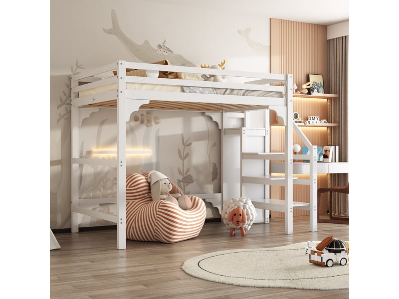  Lit mezzanine 140 × 200 cm 2 places avec armoire, escalier de rangement et sommier, sans matelas, blanc  - Conforama E