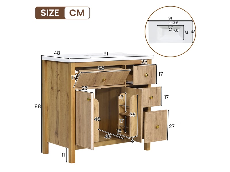 Meuble de salle de bain 91 cm avec vasque céramique, façade ondulée, bois naturel, soft-close - Conforama E