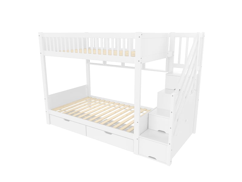  Lit superposé blanc 90 × 200 cm, tiroir, étagères, armoire et espaces de rangement  - Conforama E