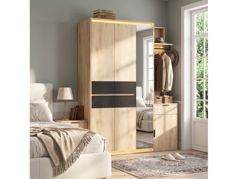  Armoire vestiaire 155x47x200 cm avec miroir et éclairage led mdf couleur bois clair  - Conforama D