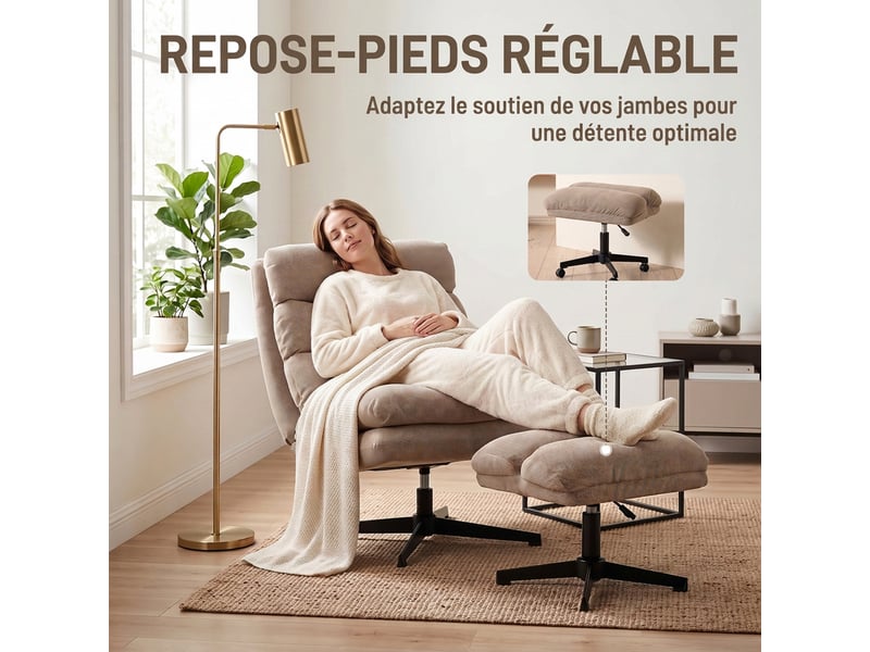  Fauteuil de salon avec repose-pied réglable, rotation 360°, assise large, fauteuil d'appoint capitonné en lin, marron  - Conforama D
