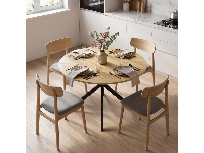  Table de salle à manger ronde pour 4 personnes, style industriel, pieds en acier, chêne.  - Conforama D