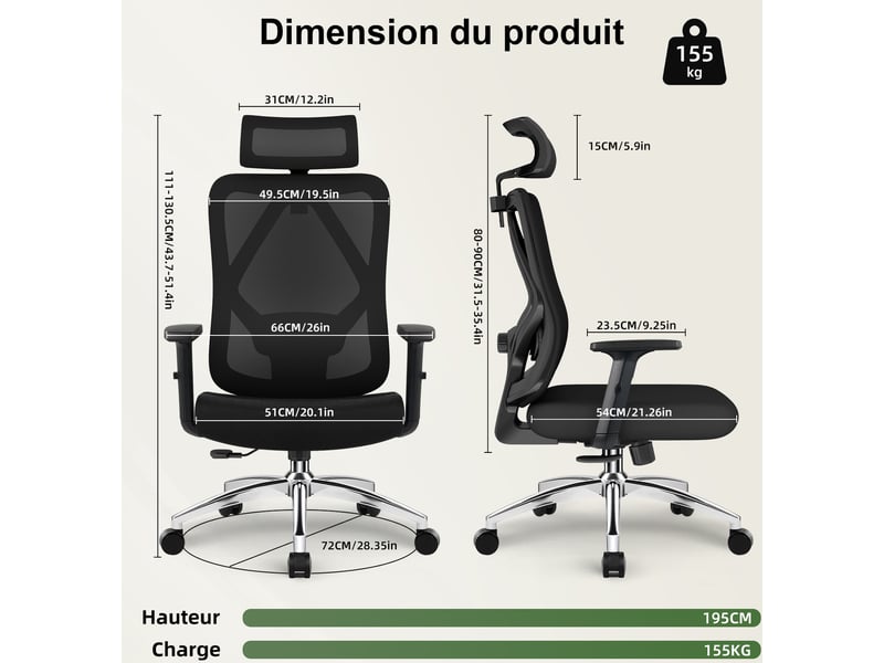  Fauteuil de bureau, fauteuil de bureau ergonomique, fauteuil de bureau avec soutien lombaire en mousse à mémoire de forme 3d  - Conforama C