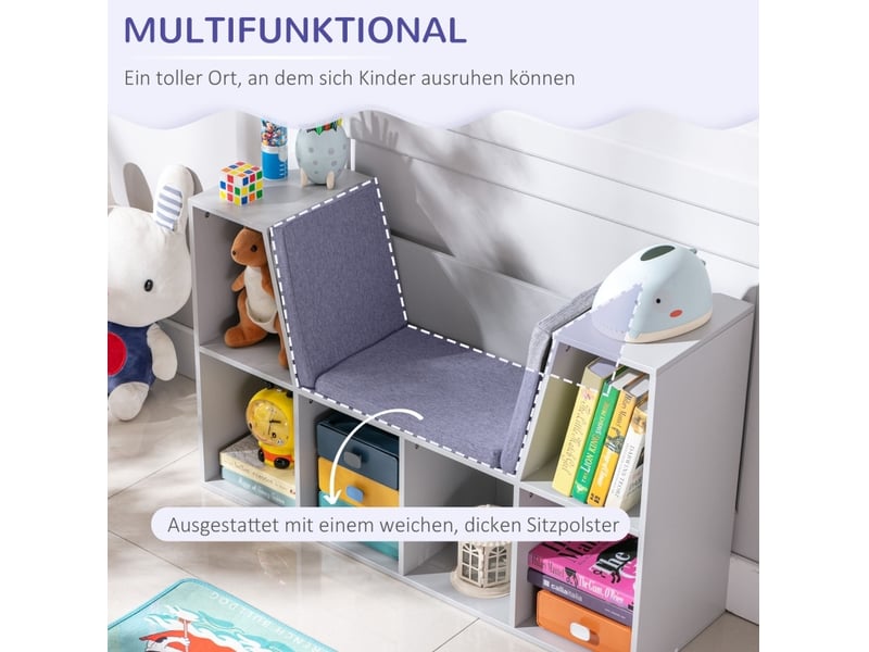  Bibliothèque enfant avec banc de rangement 103 x 30 x 62 cm grise en mdf, 6 compartiments et 3 coussins  - Conforama D