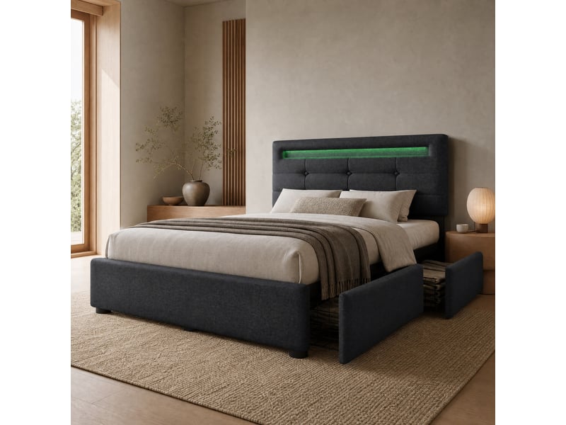Lit simple 90x200 cm, tiroirs, lit enfant, tête réglable, boutons décoratifs, bandes, avec éclairage led incluse, tissu lin gris, sans matelas - Conforama B