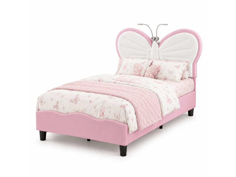Lit enfant pour une fille 90x190 - sommier à lattes + liseuse + dossier rembourré - tête de lit réglable - 1 personne - lit fille 90x190cm avec led - lit enfant rembourré avec sommier à lattes - tête de lit réglable en papillon … - Conforama A
