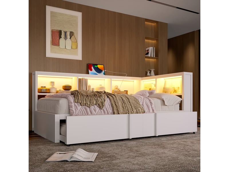  Canapé-lit 90x200 cm avec éclairage led et prise usb, lit adulte avec lit gigogne, noir, lit 1 personne  - Conforama A