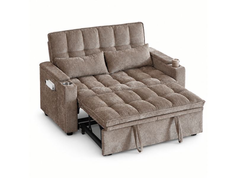  Canapé convertible 142x89x89 cm, canapé-lit 3 en 1, rangements, 2 porte-gobelets, 2 coussins, chenille, marron CozyNest - Conforama A