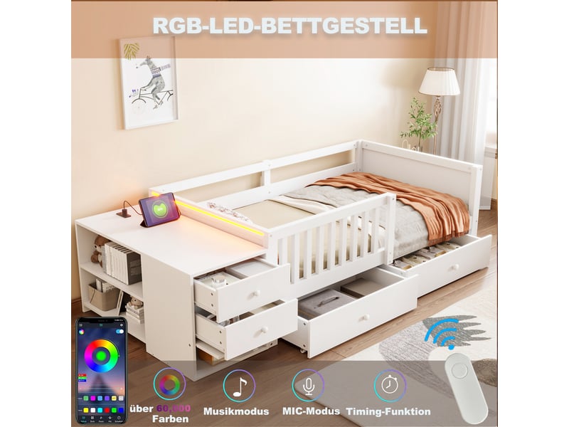 Lit enfant 90x200 cm blanc avec rangement indépendant, bureau, prise, led, 2 tiroirs et étagères - Conforama D