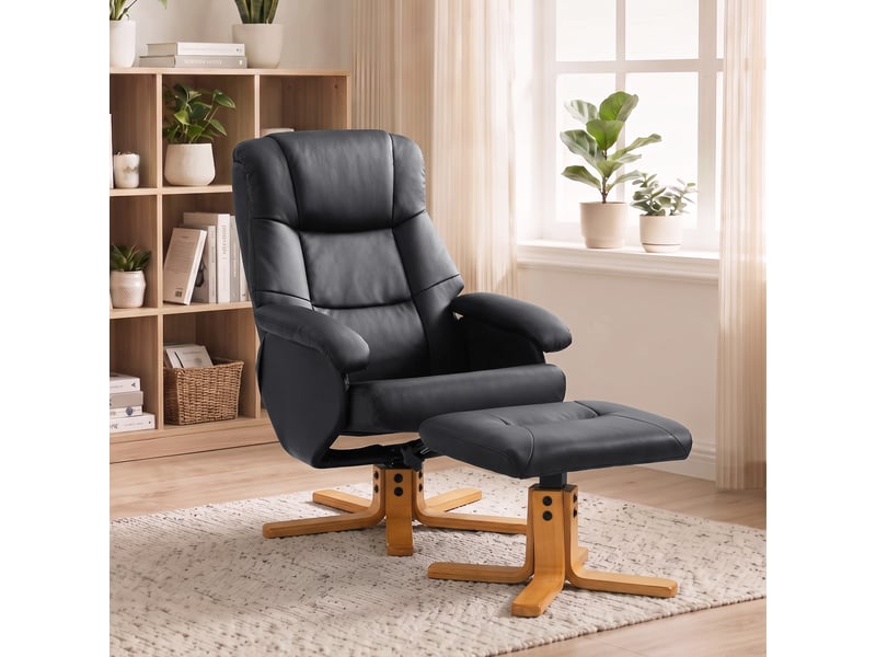 Fauteuil relax inclinable pivotant avec repose-pied piètement bois clair synthétique noir - Conforama B