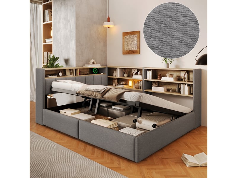 Lit coffre hydraulique 140x200 cm avec led, usb-c et tête réversible, velours gris, structure mdf, sans matelas  - Conforama R