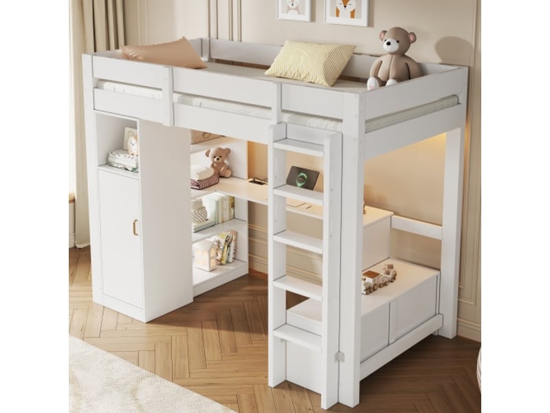 Lit mezzanine blanc 90x200 cm – rangement intégré, placard, étagères, bureau sous le lit, led et usb  - Conforama E
