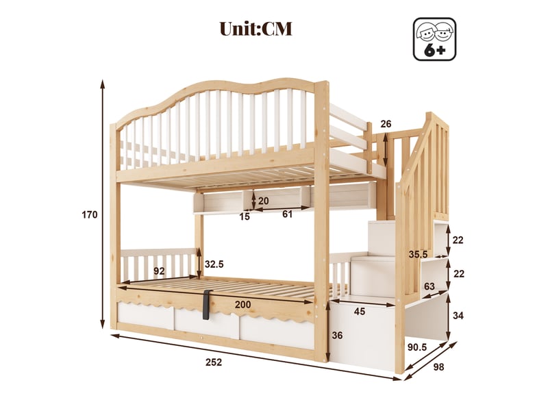  Lit superposé modenvie enfant 90 x 200 cm avec rangement hydraulique blanc et chêne clair  - Conforama C