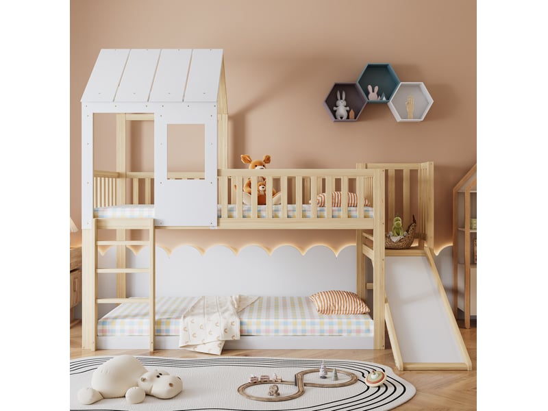  Modenvie lit mezzanine enfant 90x200 cm - avec toboggan, toit avec fenetre, sans matelas - naturel  - Conforama B
