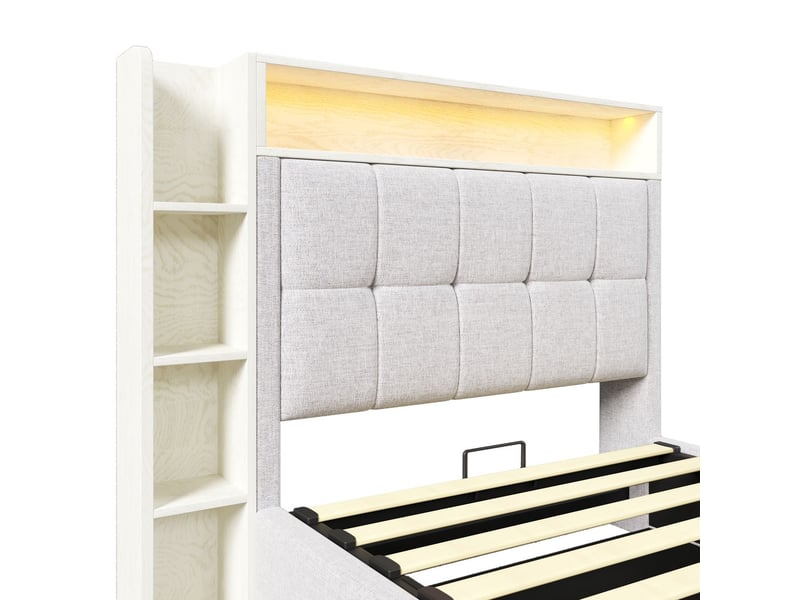 Lit coffre 90x200 avec led et port usb - lit rembourré - tête de lit avec rangement, lin beige, sans matelas - Conforama B