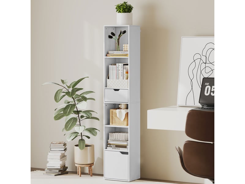  Bibliothèque à 6 étagères, réglable sur 3 niveaux, avec tiroir, porte d'armoire, étagère personnalisable, étagère d'exposition, blanche  - Conforama C