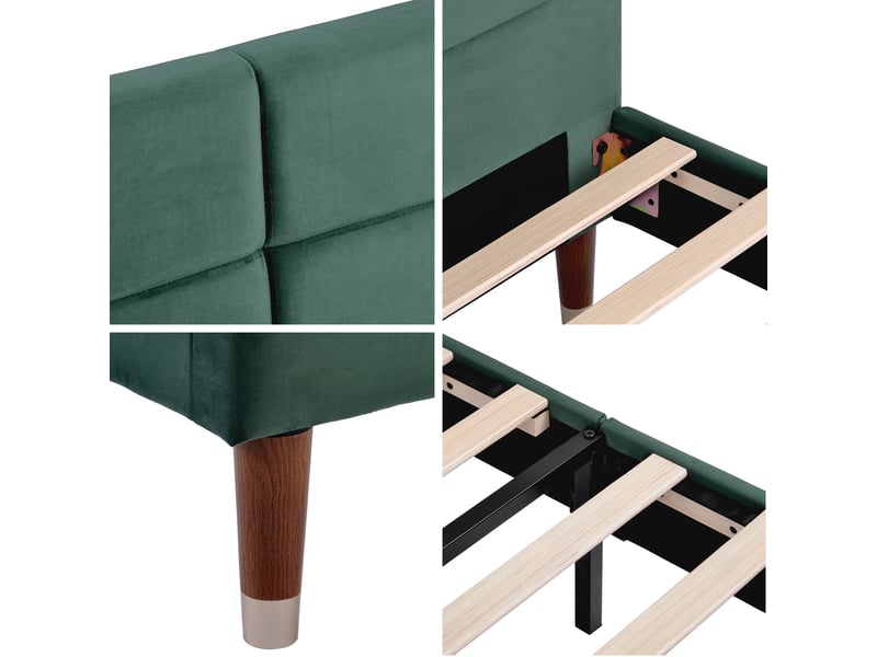  Lit adulte 140x200 cm, tête de lit, structure en bois, sommier, style moderne, lin vert, sans matelas  - Conforama E