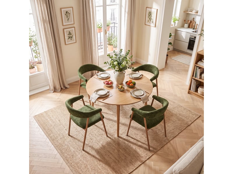 Chaises de salle à manger lot de 4 rembourrée en chenille, pieds en métal effet bois, vert - Conforama C