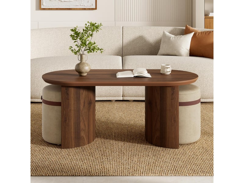  Lot de 3 table basse - 108x50x44cm - table de salon ovale avec 2 poufs, en mdf &amp; tabourets rembourrés - bois foncé &amp; beige  - Conforama D