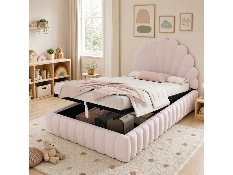  Lit coffre enfant 90x200 cm avec sommier à lattes, velours rose  - Conforama B