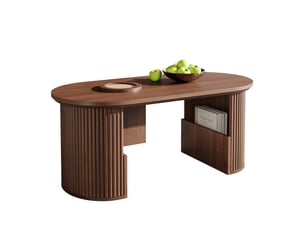 Table basse ovale avec niches et rangements ouverts, finition noyer texturée, pour salon, en mdf, 105 × 50 × 46,5 cm