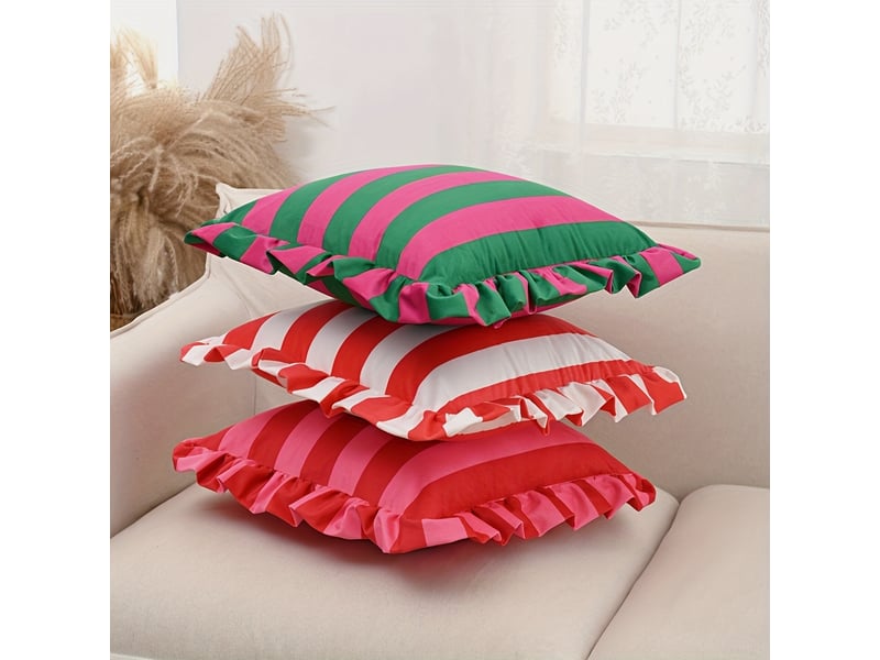  Housse de coussin carrée tendance – bordure à volants, motif rayé – design élégant et décoratif – parfait pour canapé, chambre et sofa – fermeture pratique-style 1  - Conforama E
