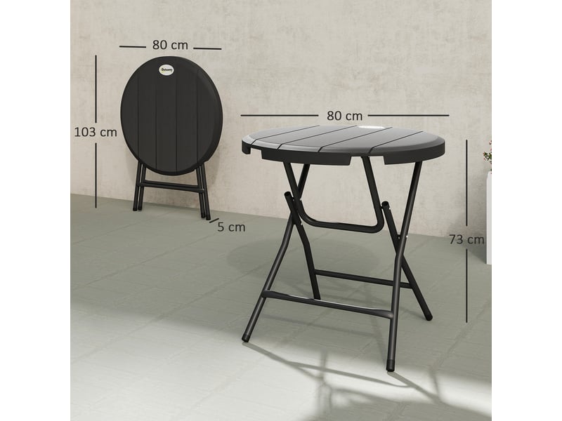 Table de jardin ronde et pliable pour 4 personnes, aspect bois, acier et plastique, gris foncé, 80 x 80 x 73 cm - Conforama E