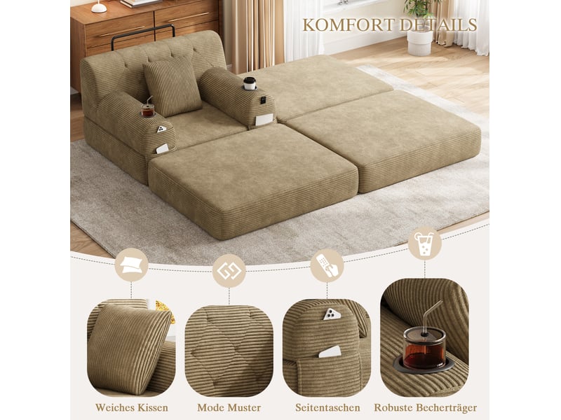  Canapé droit convertible 1 place avec pouf en velours côtelé taupe, dossier haut et 2 porte-gobelets  - Conforama D