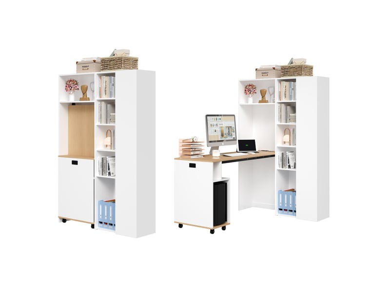 Bureau pliable avec étagère, bureau bibliothèque 2 en 1, bureau d'angle droit blanc avec prise et port usb, 104.5x160cm - Conforama D