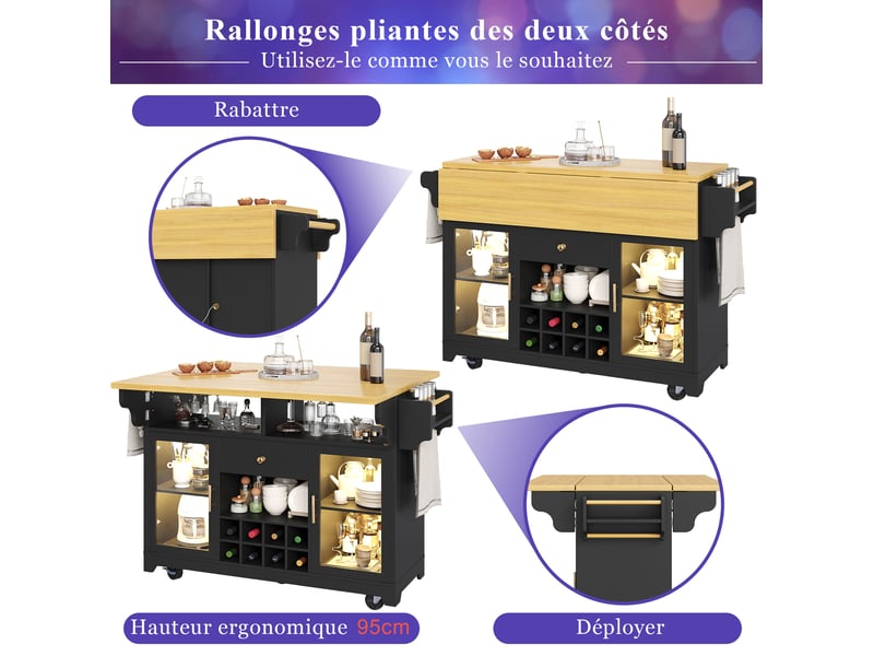  Desserte de cuisine à plateaux rabattables avec étagères, porte-bouteilles et éclairage rvb pour cuisine, noire  - Conforama E
