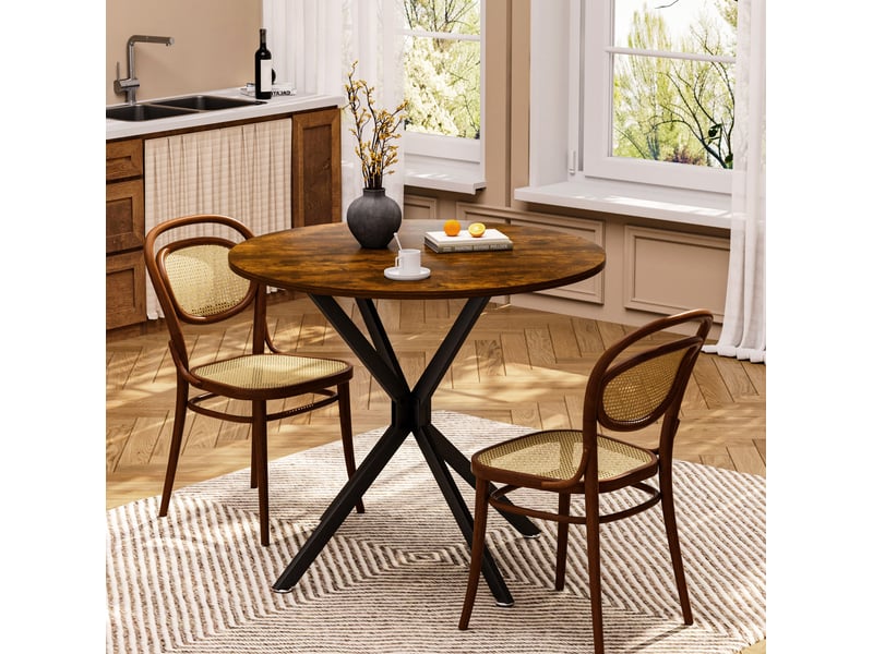  Table à manger ronde, 90x90x78 cm, table salle à manger compacte table cuisine gain, repas, métal, coloris brun et noir  - Conforama E