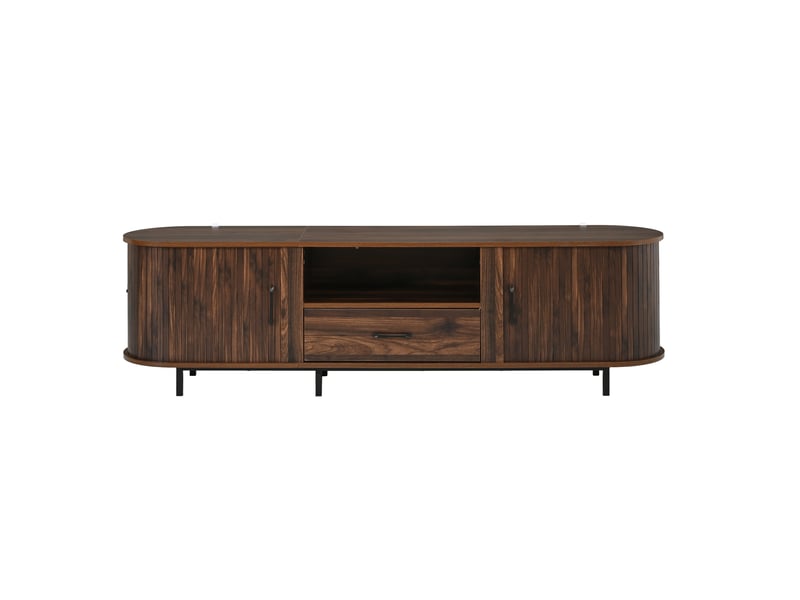  Meuble tv 180 cm pour téléviseur 75 pouces, couleur noyer avec portes coulissantes et tiroir, style rétro  - Conforama A