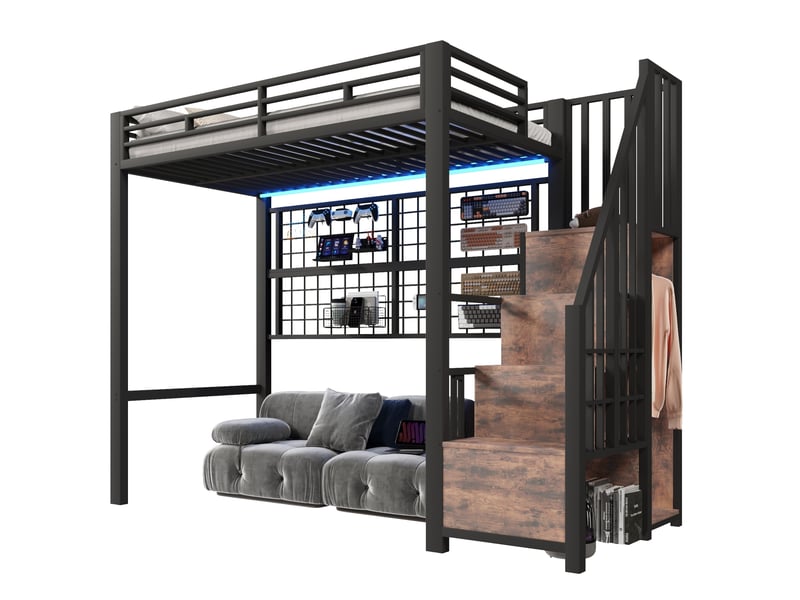  Lit mezzanine 90x200 cm avec armoire-escalier et led,coloris noir  - Conforama A
