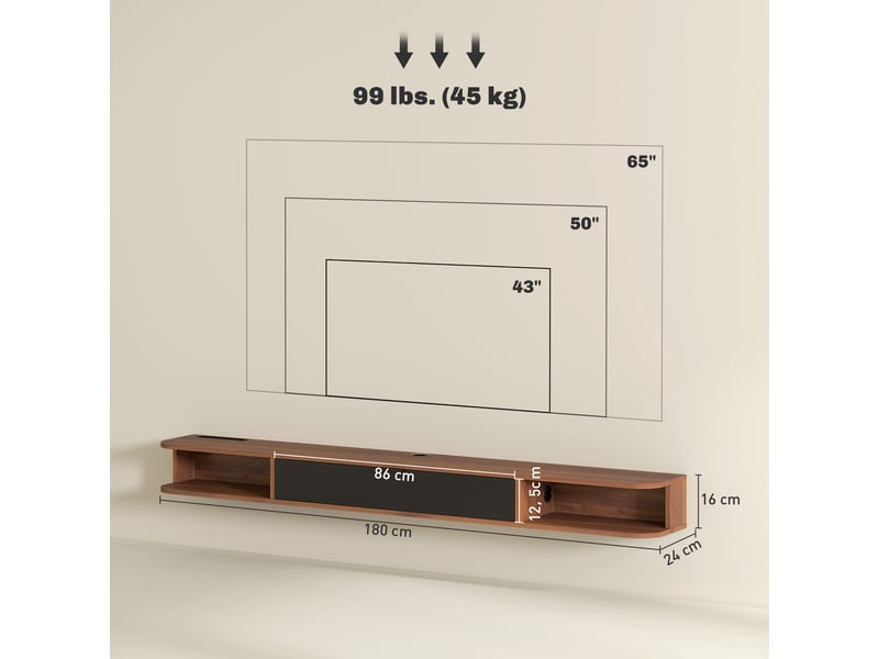  Meuble tv suspendu, meuble télé pour téléviseur jusqu'à 75 pouces, tiroir rabattable, 2 étagères, noyer, 180x24x16cm  - Conforama C