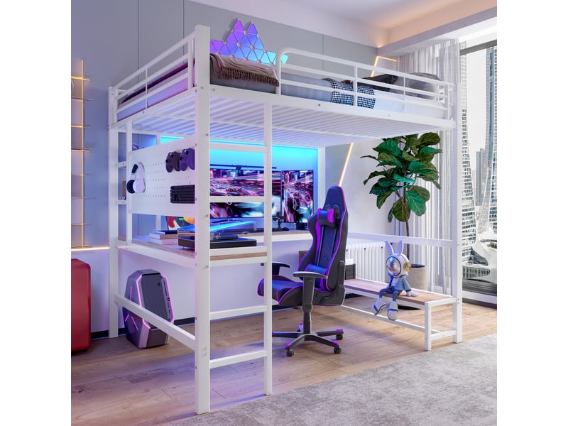 Lit mezzanine 140x200 cm coloris blanc led métal lit enfant blanc - Conforama D