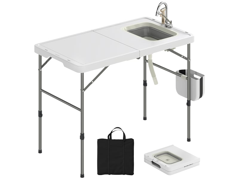  Table de camping pliante avec évier, robinet, hauteur réglable, seau pliable, fentes, règle et sac de transport  - Conforama A