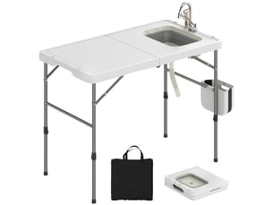 Table de camping pliante avec évier, robinet, hauteur réglable, seau pliable, fentes, règle et sac de transport